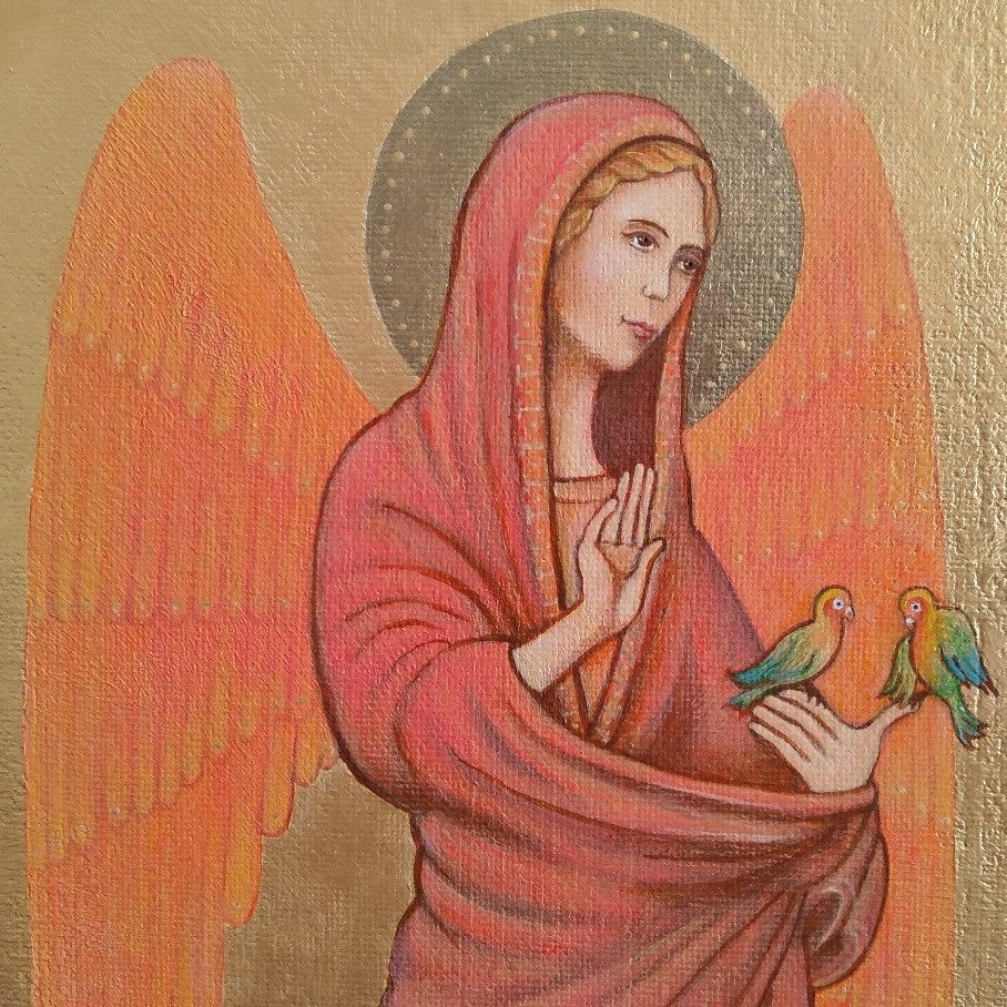 Angel Guardian del Amor con agapornis