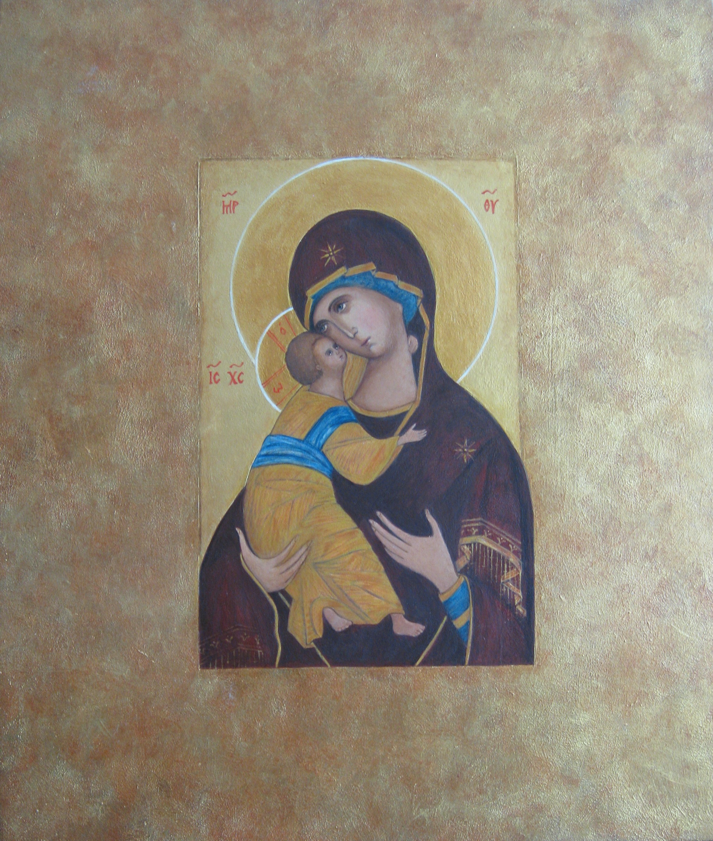 Virgin of Vladimir, depicted according to Adrei Rublev icon (1400).